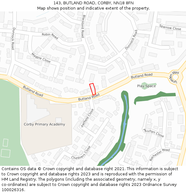 143, BUTLAND ROAD, CORBY, NN18 8FN: Location map and indicative extent of plot
