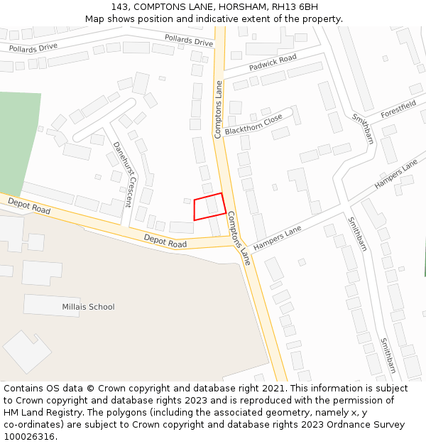 143, COMPTONS LANE, HORSHAM, RH13 6BH: Location map and indicative extent of plot