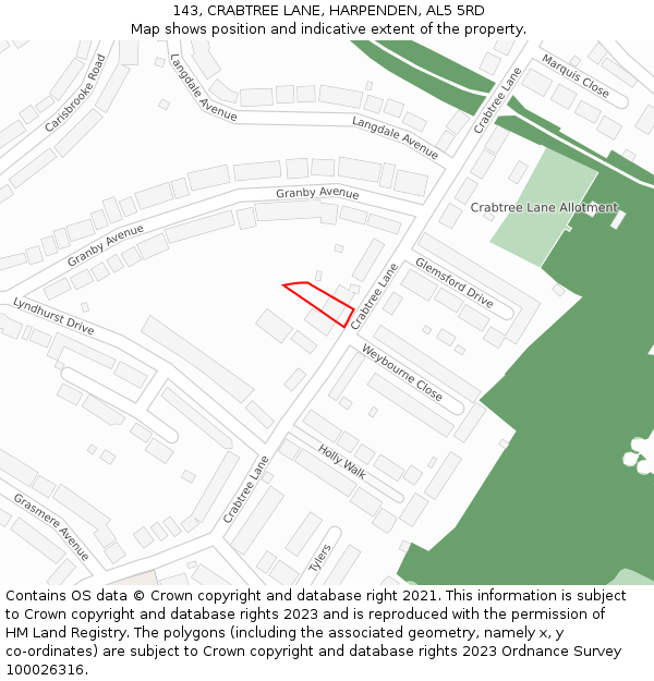 143, CRABTREE LANE, HARPENDEN, AL5 5RD: Location map and indicative extent of plot