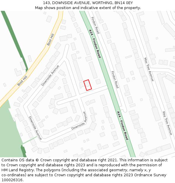 143, DOWNSIDE AVENUE, WORTHING, BN14 0EY: Location map and indicative extent of plot