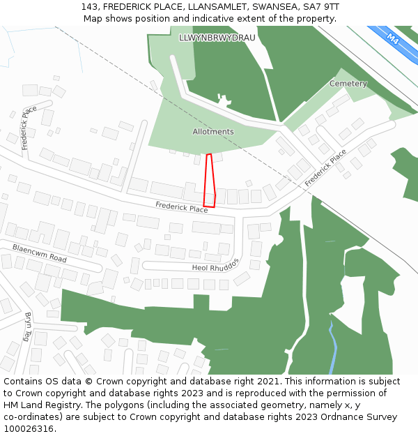 143, FREDERICK PLACE, LLANSAMLET, SWANSEA, SA7 9TT: Location map and indicative extent of plot