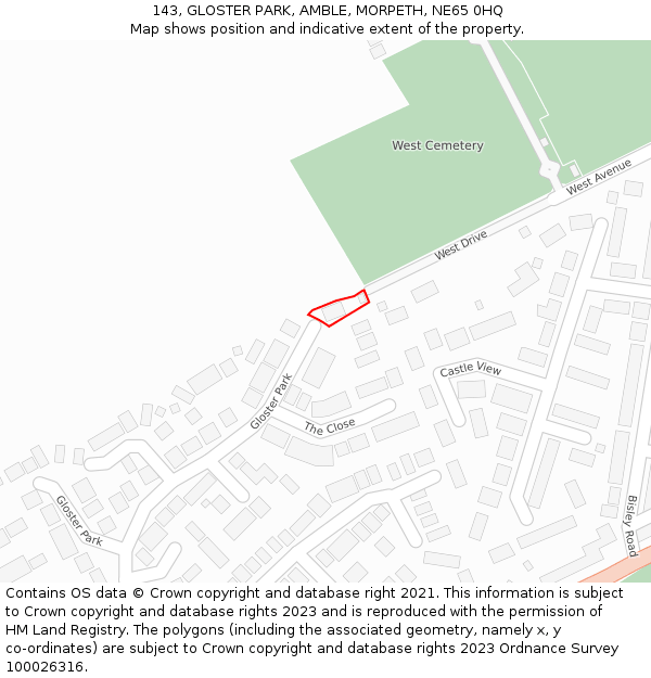 143, GLOSTER PARK, AMBLE, MORPETH, NE65 0HQ: Location map and indicative extent of plot