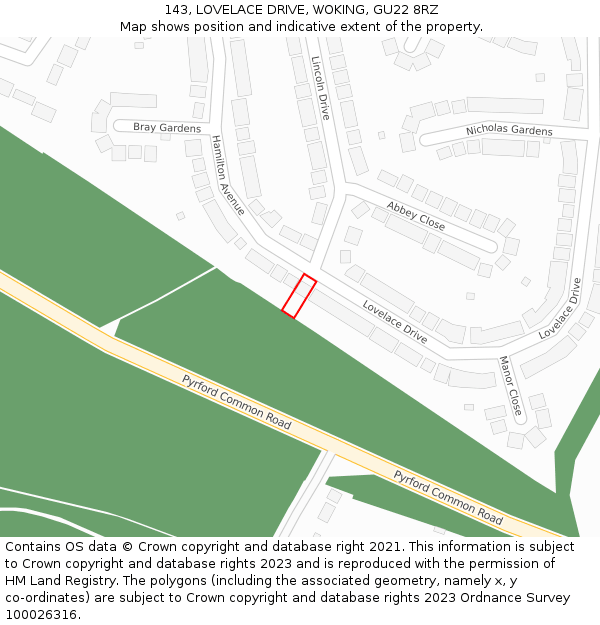 143, LOVELACE DRIVE, WOKING, GU22 8RZ: Location map and indicative extent of plot