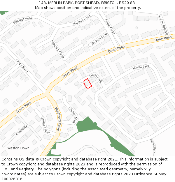 143, MERLIN PARK, PORTISHEAD, BRISTOL, BS20 8RL: Location map and indicative extent of plot