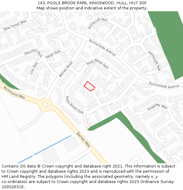 143, POOLS BROOK PARK, KINGSWOOD, HULL, HU7 3GF: Location map and indicative extent of plot
