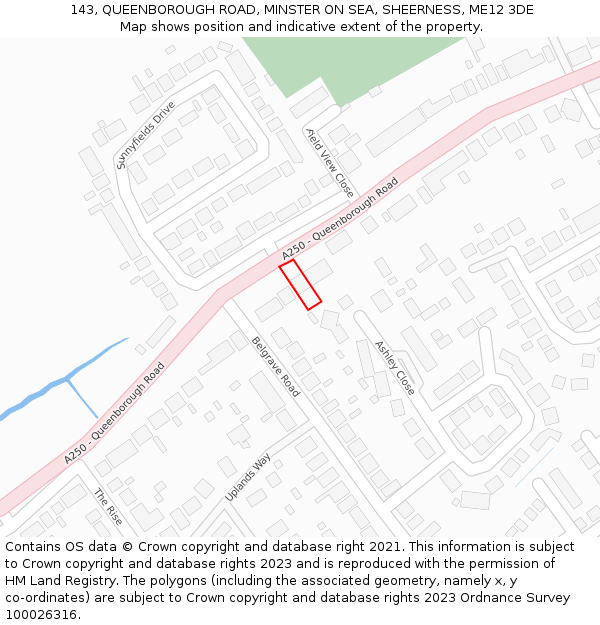 143, QUEENBOROUGH ROAD, MINSTER ON SEA, SHEERNESS, ME12 3DE: Location map and indicative extent of plot