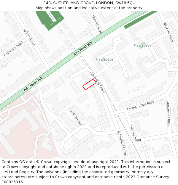 143, SUTHERLAND GROVE, LONDON, SW18 5QU: Location map and indicative extent of plot