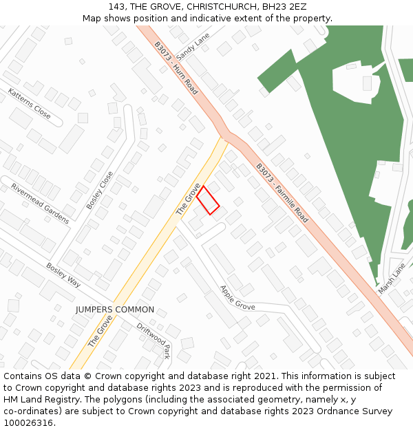 143, THE GROVE, CHRISTCHURCH, BH23 2EZ: Location map and indicative extent of plot