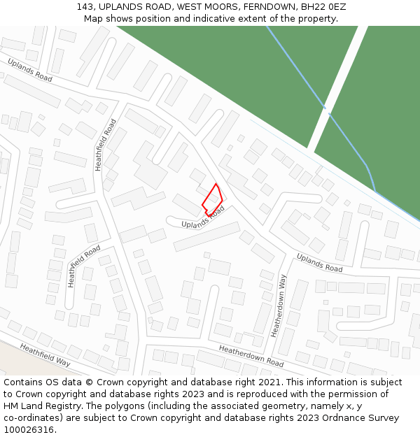 143, UPLANDS ROAD, WEST MOORS, FERNDOWN, BH22 0EZ: Location map and indicative extent of plot
