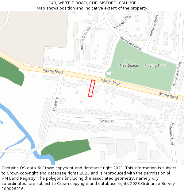 143, WRITTLE ROAD, CHELMSFORD, CM1 3BP: Location map and indicative extent of plot