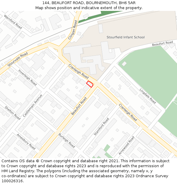 144, BEAUFORT ROAD, BOURNEMOUTH, BH6 5AR: Location map and indicative extent of plot