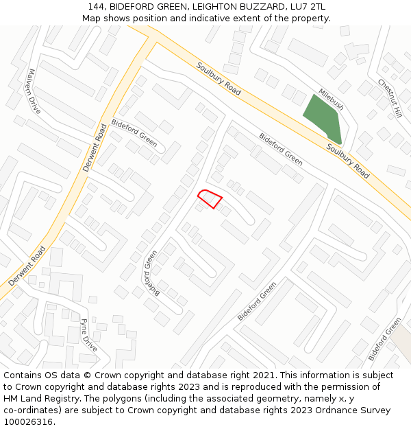 144, BIDEFORD GREEN, LEIGHTON BUZZARD, LU7 2TL: Location map and indicative extent of plot
