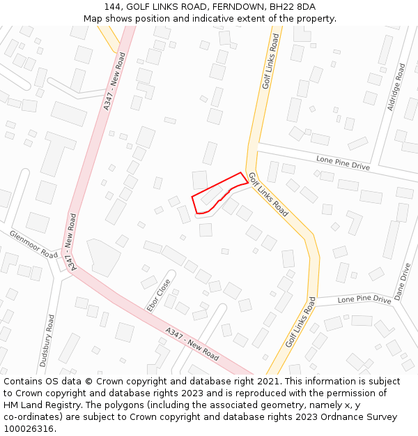 144, GOLF LINKS ROAD, FERNDOWN, BH22 8DA: Location map and indicative extent of plot