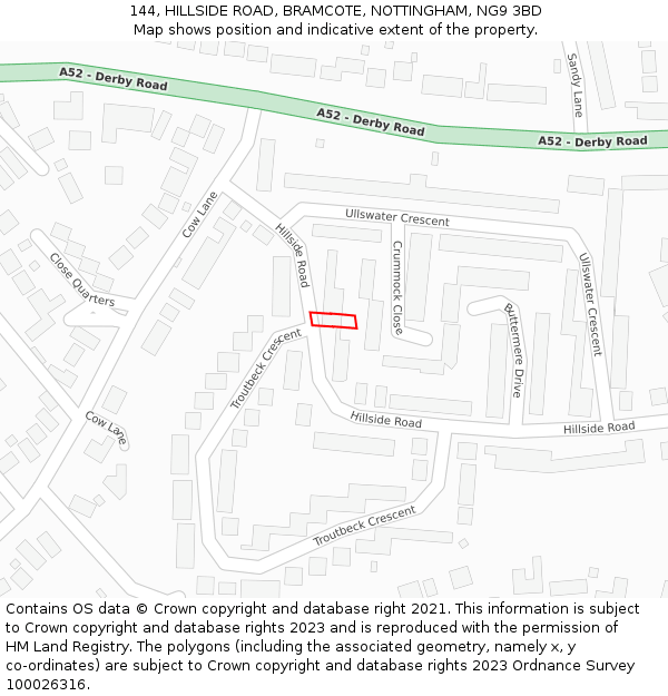 144, HILLSIDE ROAD, BRAMCOTE, NOTTINGHAM, NG9 3BD: Location map and indicative extent of plot