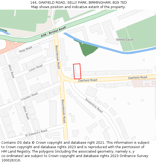 144, OAKFIELD ROAD, SELLY PARK, BIRMINGHAM, B29 7ED: Location map and indicative extent of plot