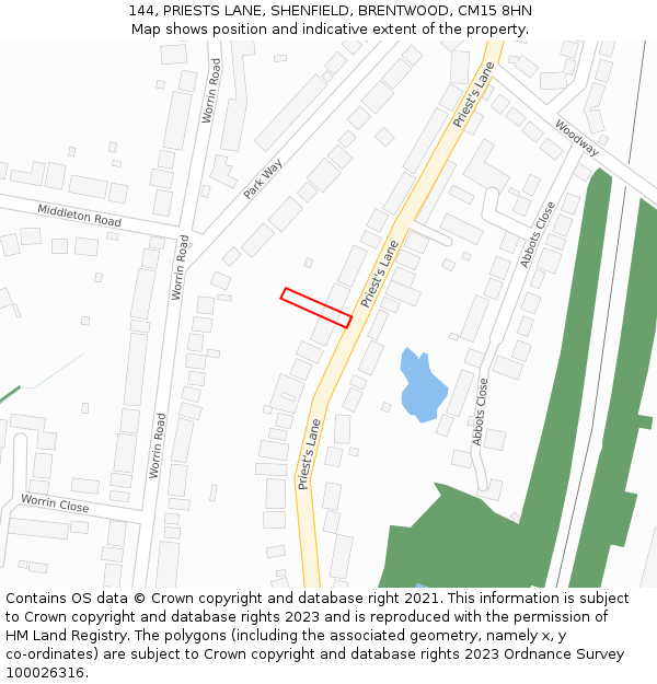 144, PRIESTS LANE, SHENFIELD, BRENTWOOD, CM15 8HN: Location map and indicative extent of plot