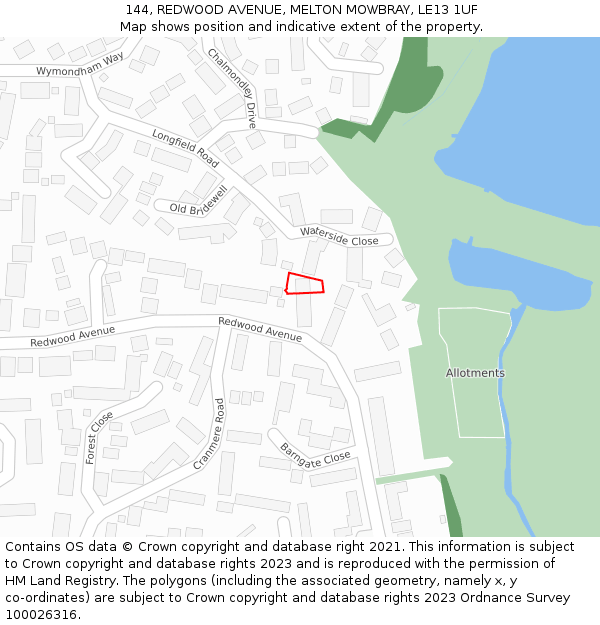 144, REDWOOD AVENUE, MELTON MOWBRAY, LE13 1UF: Location map and indicative extent of plot