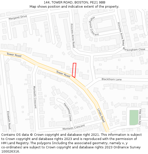 144, TOWER ROAD, BOSTON, PE21 9BB: Location map and indicative extent of plot