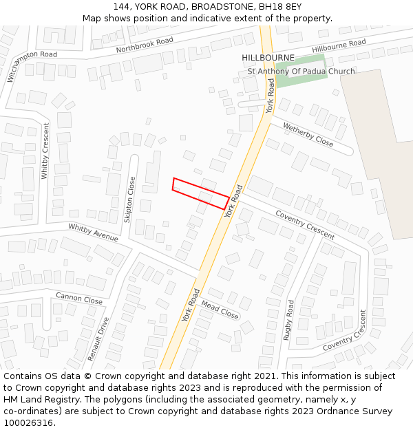 144, YORK ROAD, BROADSTONE, BH18 8EY: Location map and indicative extent of plot