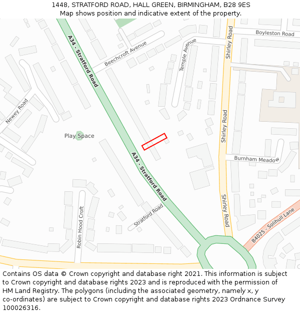 1448, STRATFORD ROAD, HALL GREEN, BIRMINGHAM, B28 9ES: Location map and indicative extent of plot