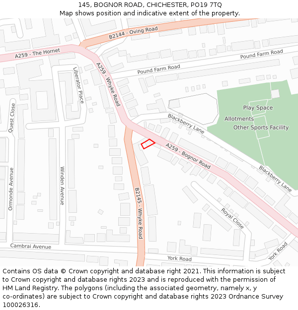 145, BOGNOR ROAD, CHICHESTER, PO19 7TQ: Location map and indicative extent of plot