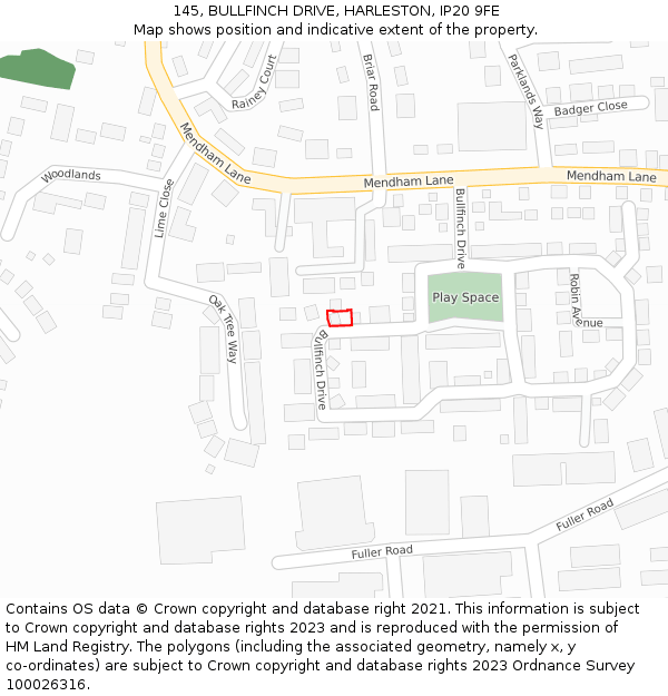 145, BULLFINCH DRIVE, HARLESTON, IP20 9FE: Location map and indicative extent of plot