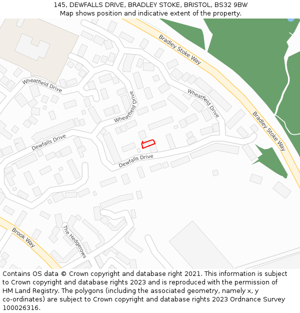 145, DEWFALLS DRIVE, BRADLEY STOKE, BRISTOL, BS32 9BW: Location map and indicative extent of plot