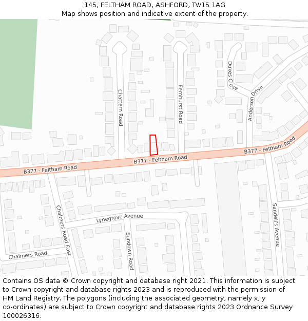 145, FELTHAM ROAD, ASHFORD, TW15 1AG: Location map and indicative extent of plot
