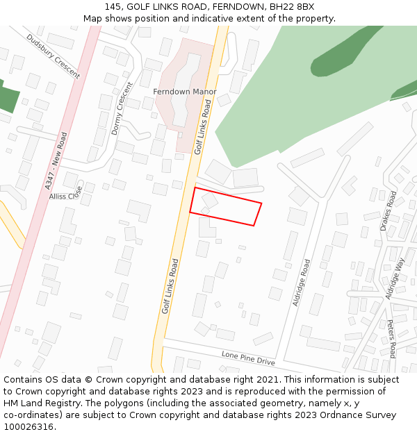 145, GOLF LINKS ROAD, FERNDOWN, BH22 8BX: Location map and indicative extent of plot