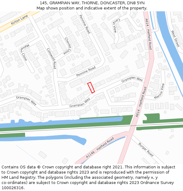 145, GRAMPIAN WAY, THORNE, DONCASTER, DN8 5YN: Location map and indicative extent of plot
