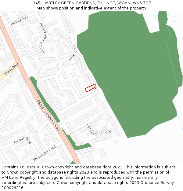 145, HARTLEY GREEN GARDENS, BILLINGE, WIGAN, WN5 7GB: Location map and indicative extent of plot