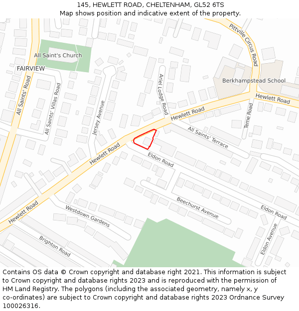 145, HEWLETT ROAD, CHELTENHAM, GL52 6TS: Location map and indicative extent of plot