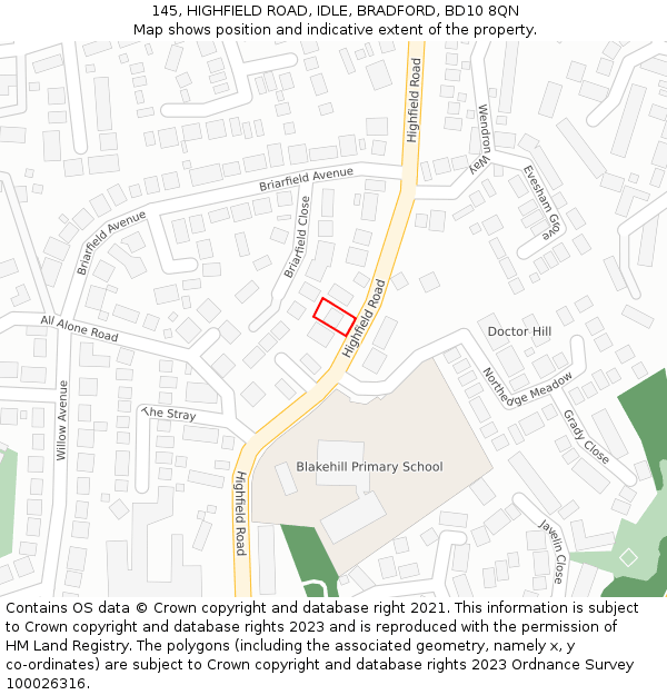 145, HIGHFIELD ROAD, IDLE, BRADFORD, BD10 8QN: Location map and indicative extent of plot