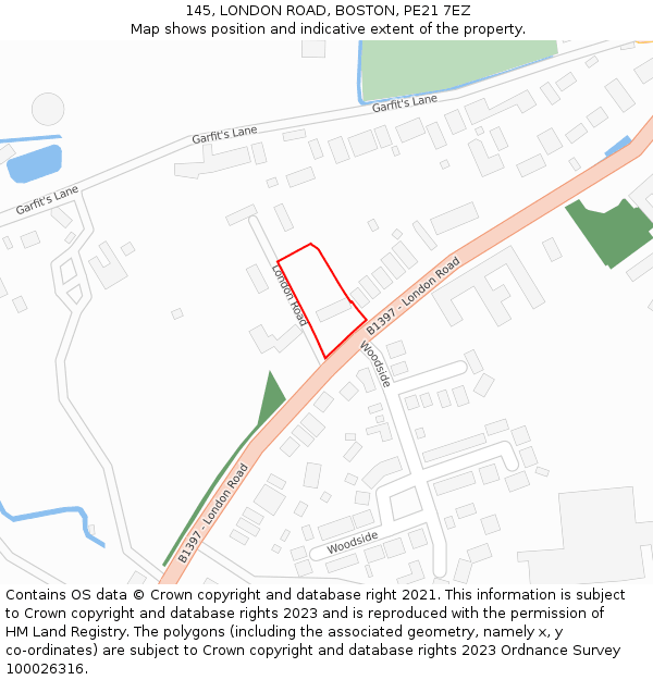 145, LONDON ROAD, BOSTON, PE21 7EZ: Location map and indicative extent of plot