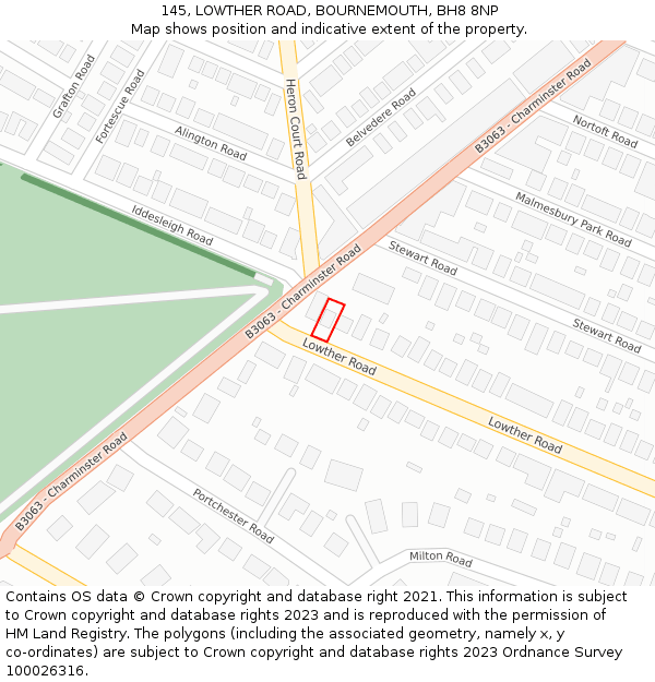 145, LOWTHER ROAD, BOURNEMOUTH, BH8 8NP: Location map and indicative extent of plot