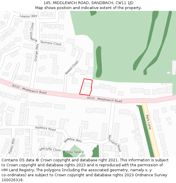 145, MIDDLEWICH ROAD, SANDBACH, CW11 1JD: Location map and indicative extent of plot