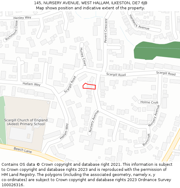 145, NURSERY AVENUE, WEST HALLAM, ILKESTON, DE7 6JB: Location map and indicative extent of plot