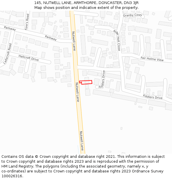 145, NUTWELL LANE, ARMTHORPE, DONCASTER, DN3 3JR: Location map and indicative extent of plot