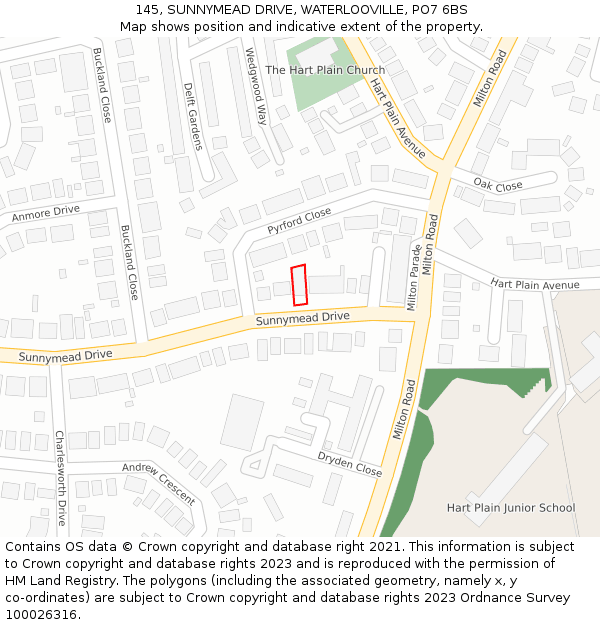 145, SUNNYMEAD DRIVE, WATERLOOVILLE, PO7 6BS: Location map and indicative extent of plot