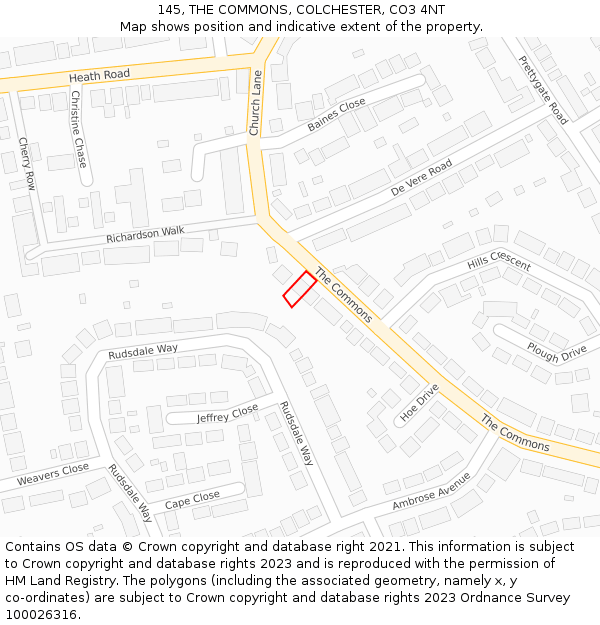 145, THE COMMONS, COLCHESTER, CO3 4NT: Location map and indicative extent of plot