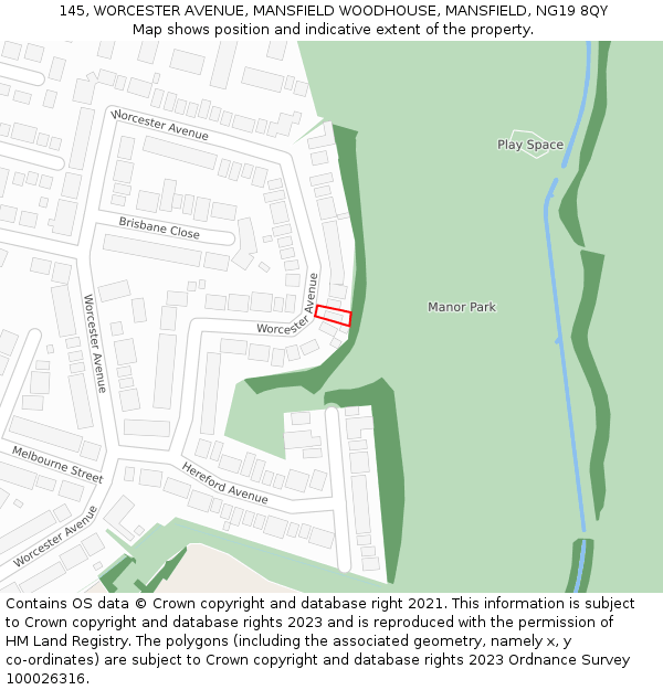 145, WORCESTER AVENUE, MANSFIELD WOODHOUSE, MANSFIELD, NG19 8QY: Location map and indicative extent of plot