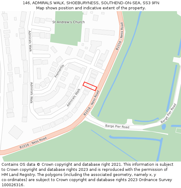 146, ADMIRALS WALK, SHOEBURYNESS, SOUTHEND-ON-SEA, SS3 9FN: Location map and indicative extent of plot