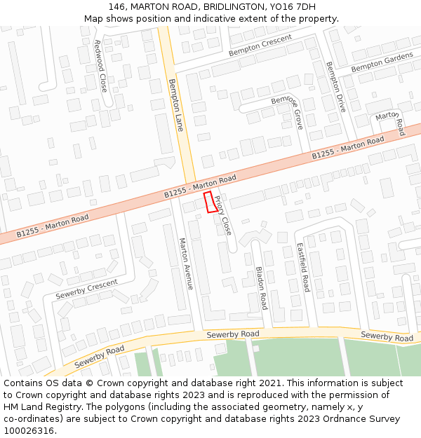 146, MARTON ROAD, BRIDLINGTON, YO16 7DH: Location map and indicative extent of plot