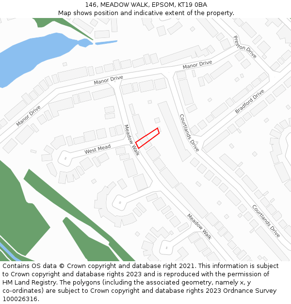 146, MEADOW WALK, EPSOM, KT19 0BA: Location map and indicative extent of plot