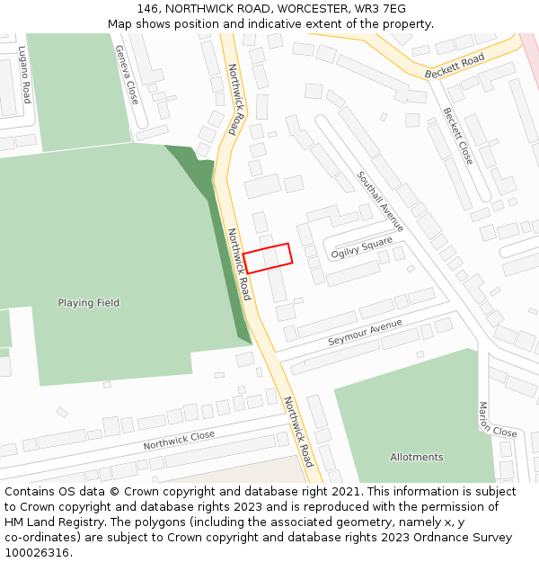 146, NORTHWICK ROAD, WORCESTER, WR3 7EG: Location map and indicative extent of plot