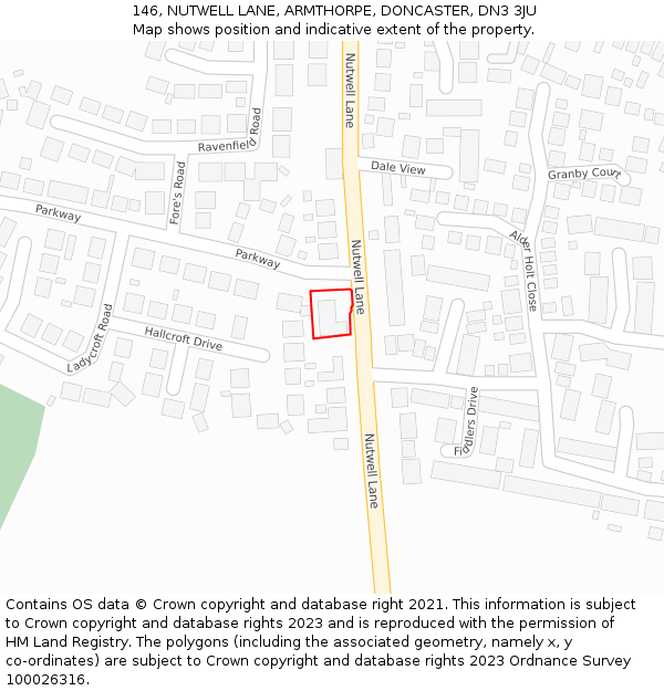 146, NUTWELL LANE, ARMTHORPE, DONCASTER, DN3 3JU: Location map and indicative extent of plot
