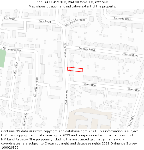 146, PARK AVENUE, WATERLOOVILLE, PO7 5HF: Location map and indicative extent of plot