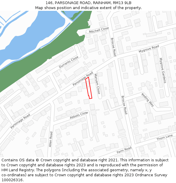 146, PARSONAGE ROAD, RAINHAM, RM13 9LB: Location map and indicative extent of plot