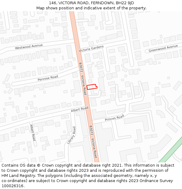 146, VICTORIA ROAD, FERNDOWN, BH22 9JD: Location map and indicative extent of plot