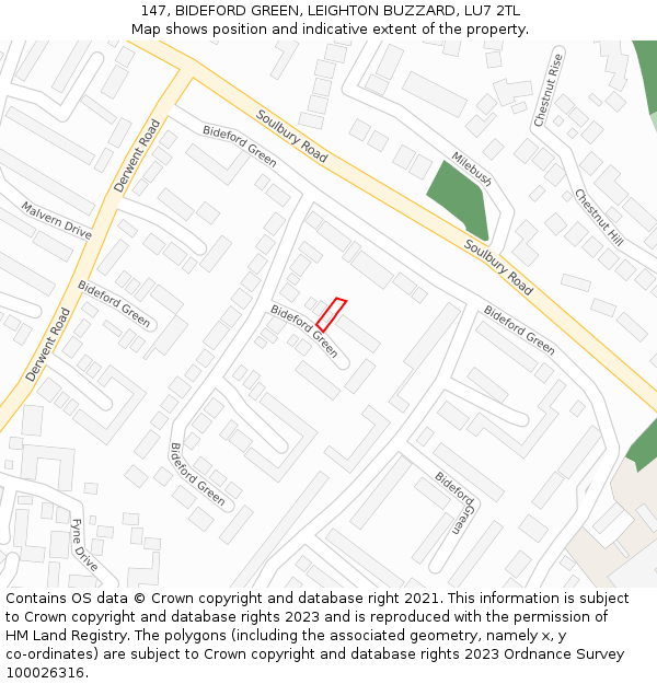 147, BIDEFORD GREEN, LEIGHTON BUZZARD, LU7 2TL: Location map and indicative extent of plot